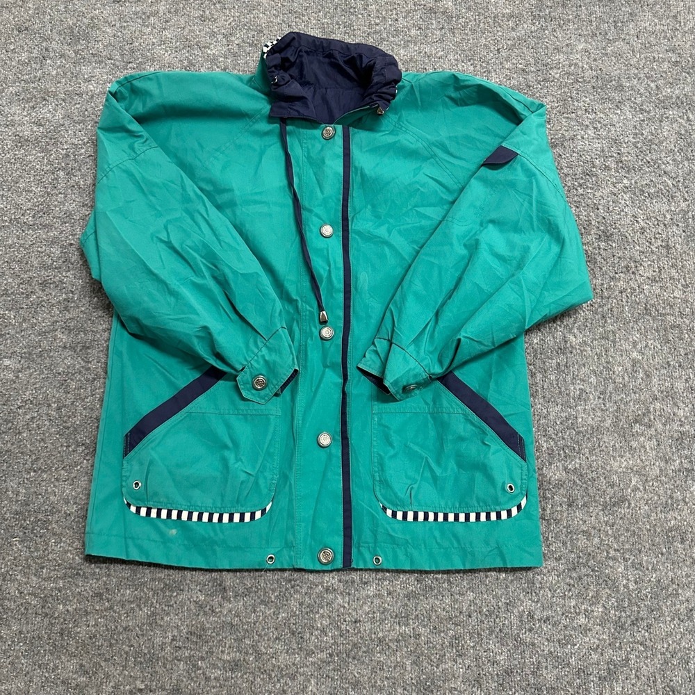 Vintage Windbreaker Jacket Womens Size M Teal Blue Nautical Striped Trim Flaw
